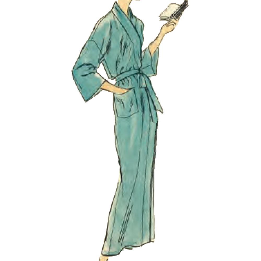 Woman wearing ankle length kimono style robe, in teal.