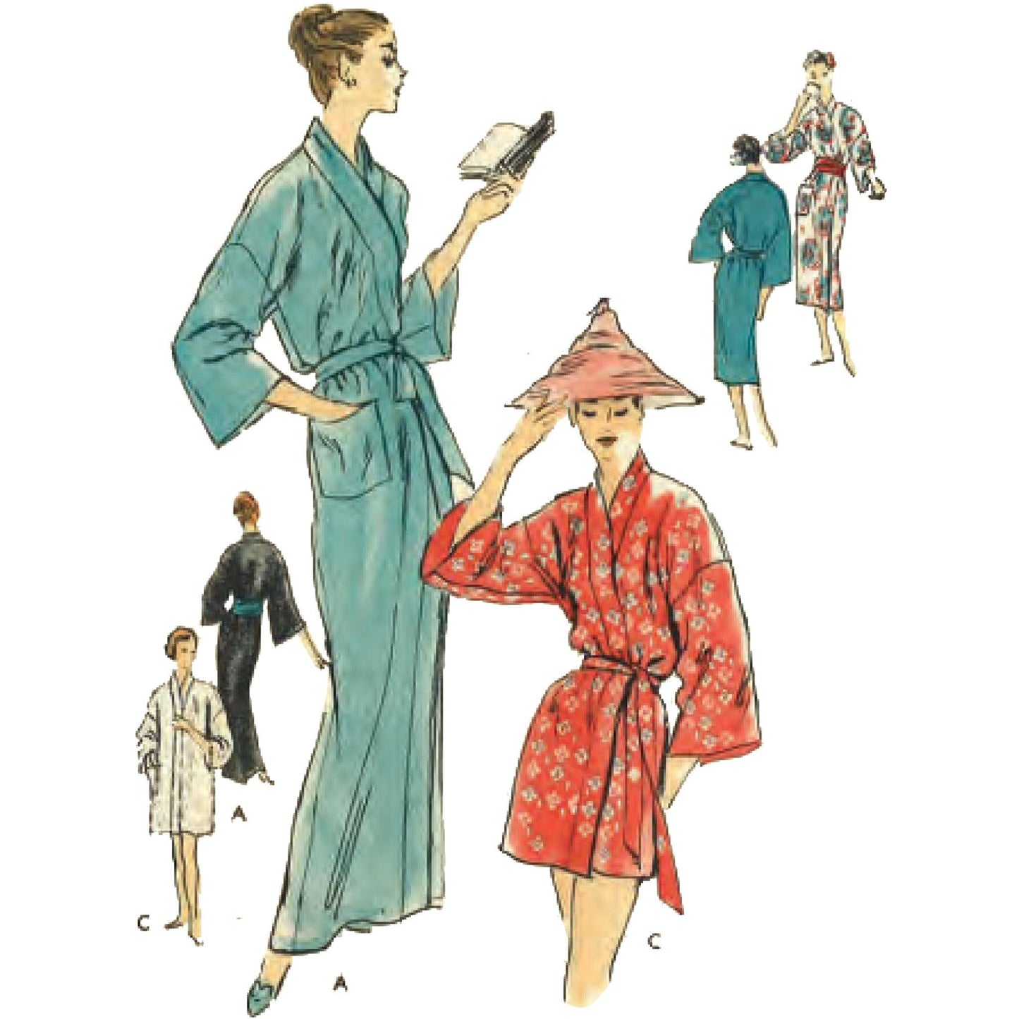 Women wearing wrap around kimono style dressing gowns, in short and long lengths.