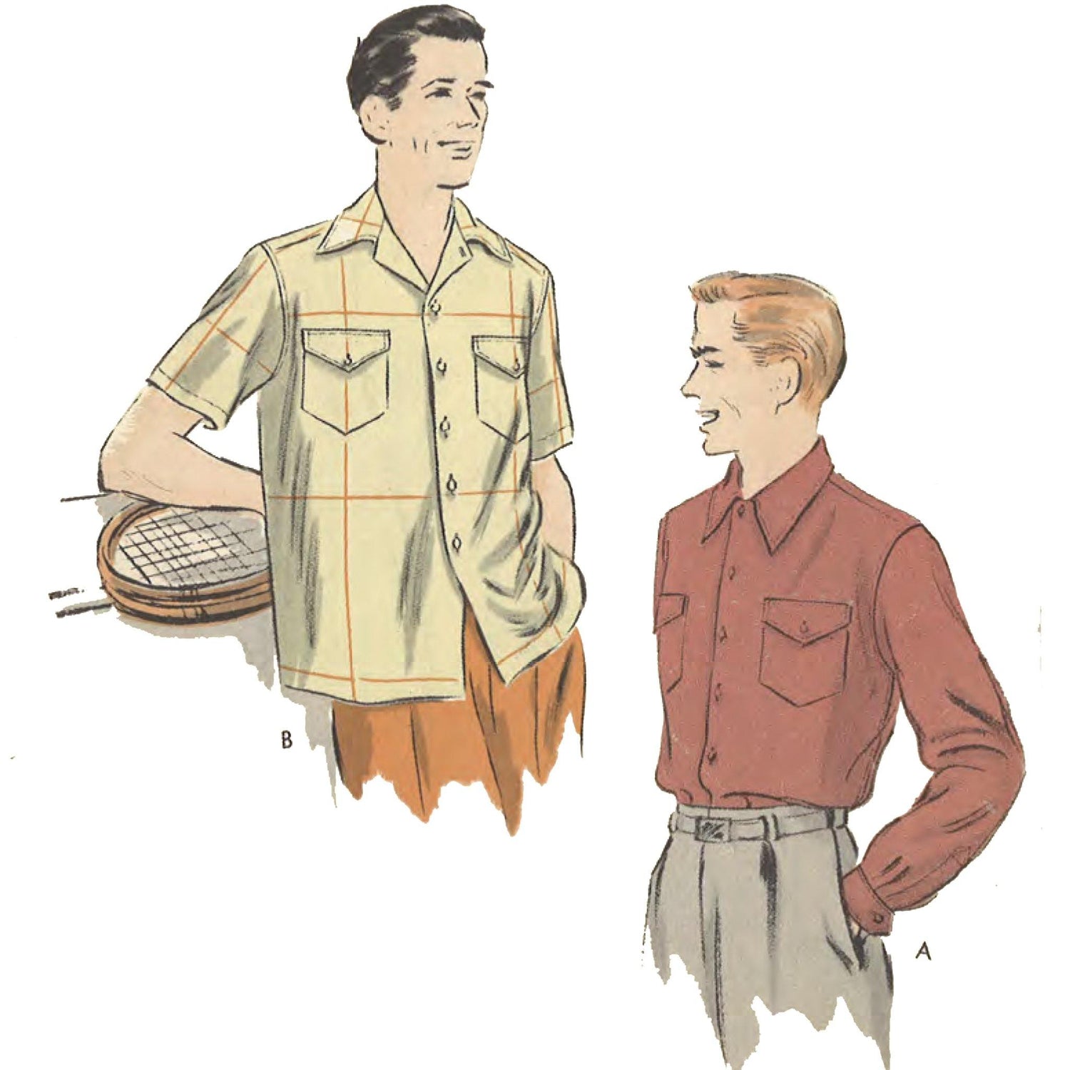 2 men wearing vintage stylish sports shirts with long sleeves and buttoned cuffs or short sleeves and two chest pockets