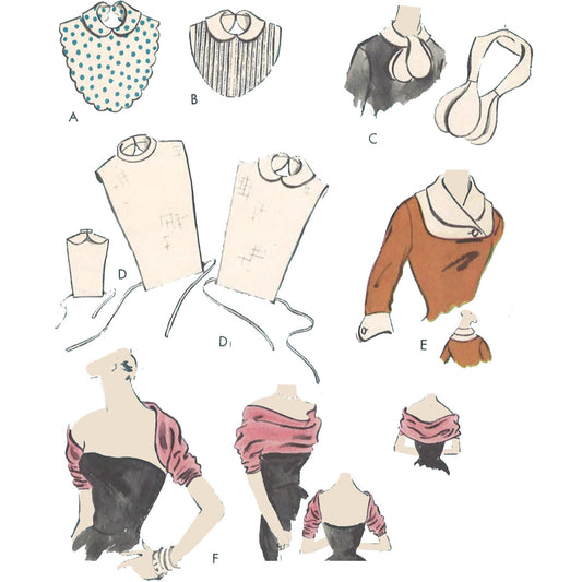 Image showing 6 different styles of collar and stole featured in the pattern.