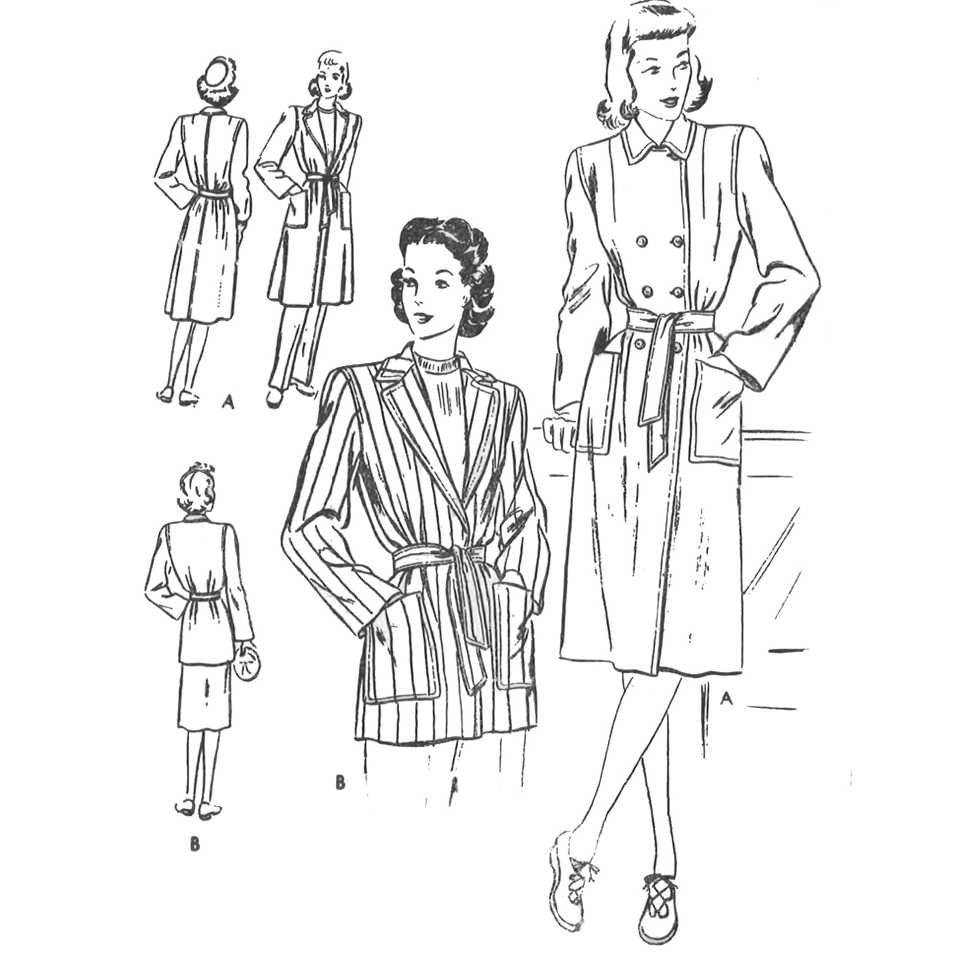 1940s Pattern, Vogue Women's Coat, Jacket, Mac Trench Coat - five women wearing different style coats