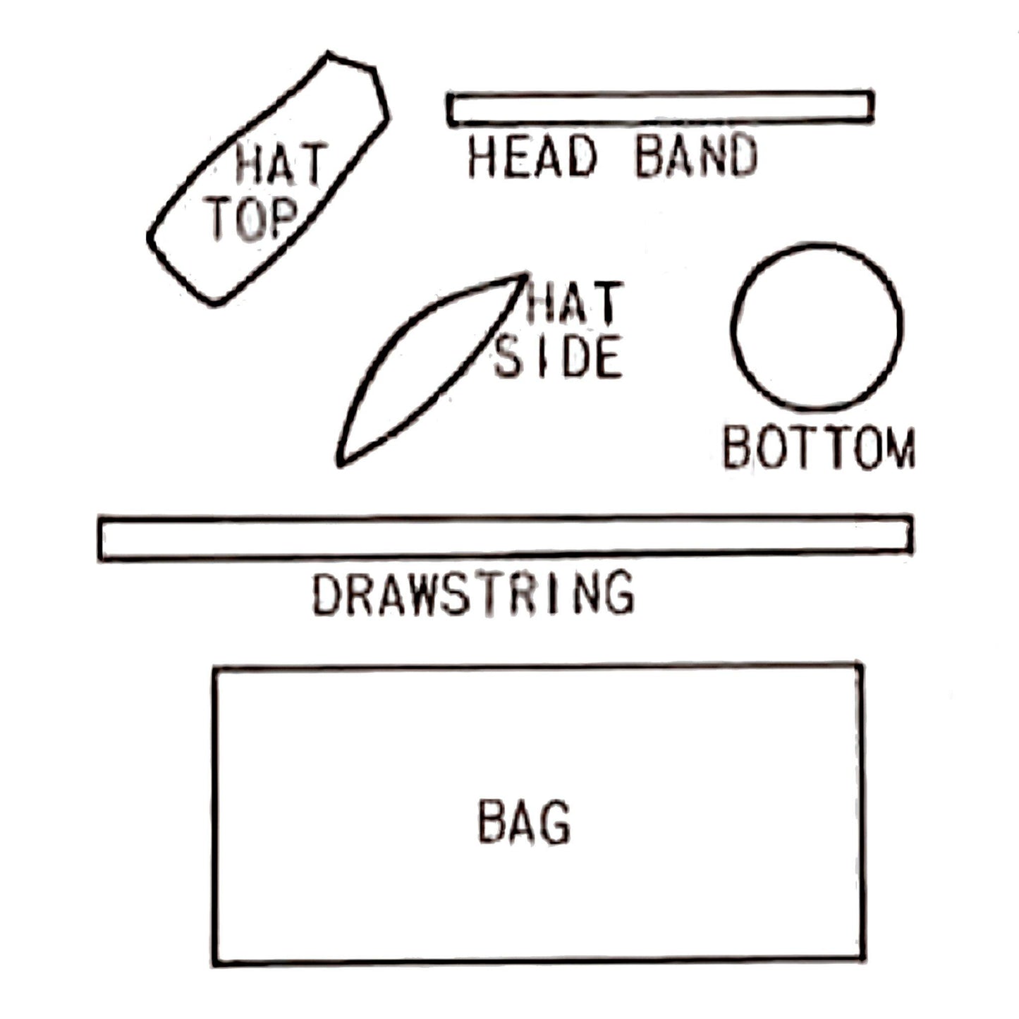 Line drawing of pattern pieces included in "1940s Pattern, Hat & Drawstring Evening Purse"