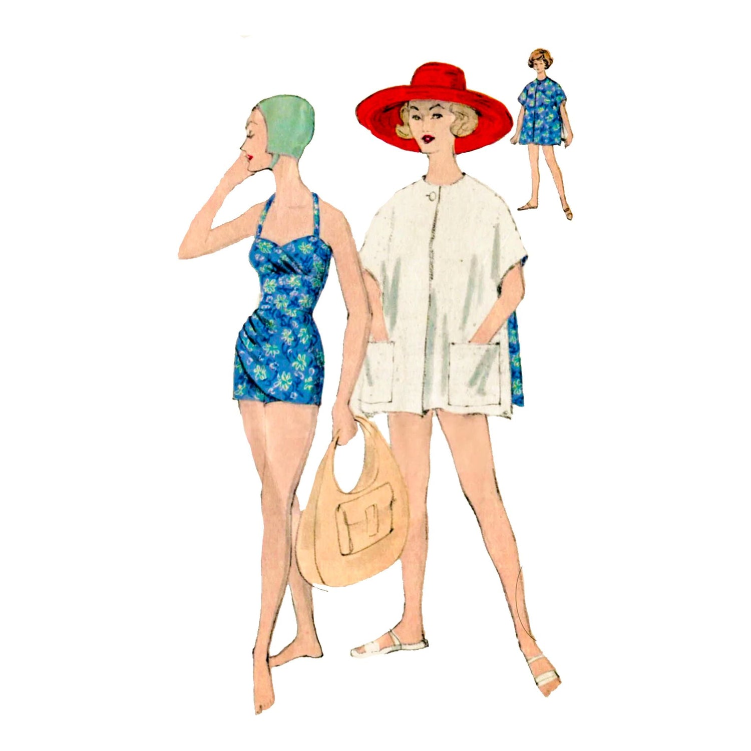 Model wearing bathing suit and reversible beach coat made from Vogue 9749 pattern