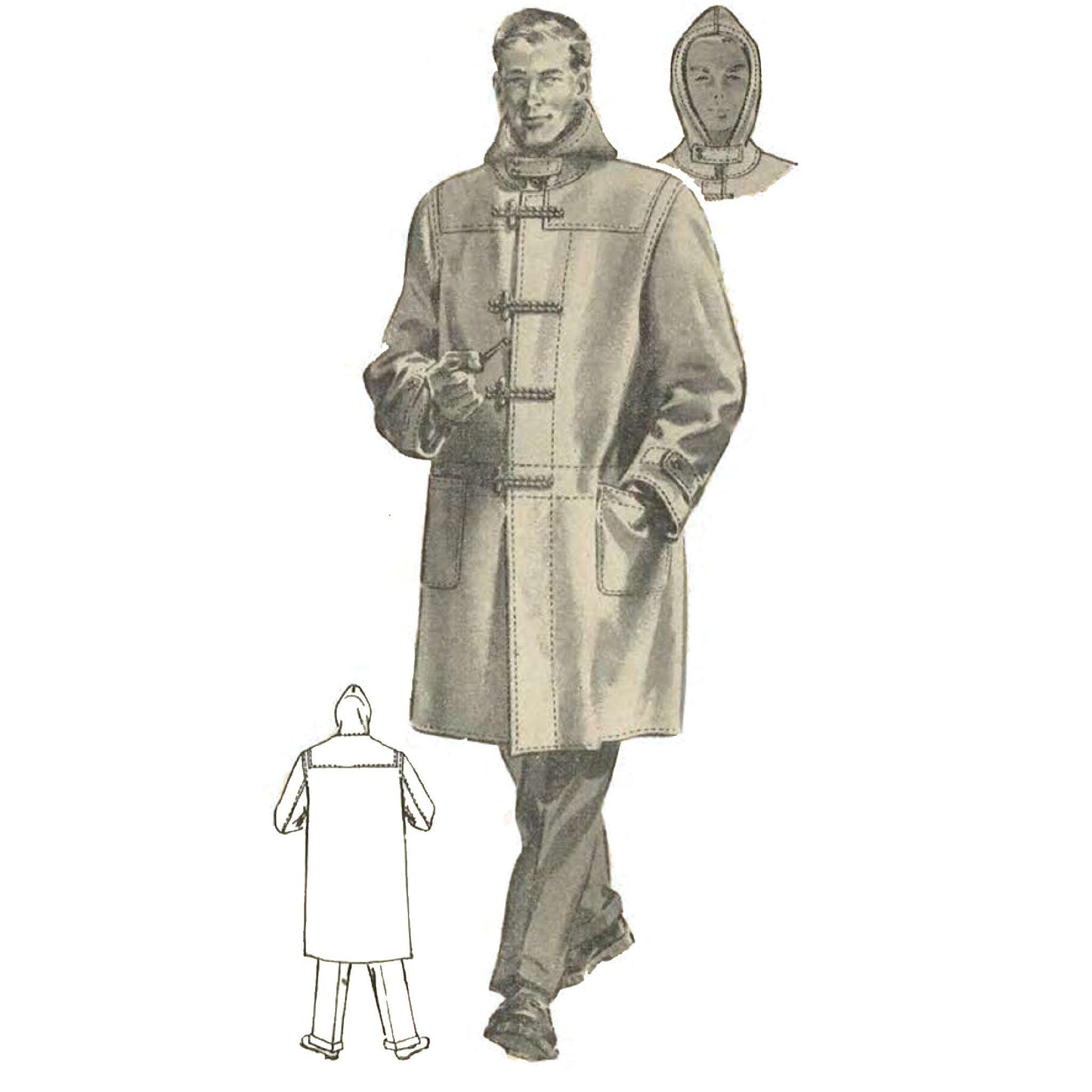 Man wearing a coat made up from a 1950s Pattern, Men's Duffle Coat with Hood