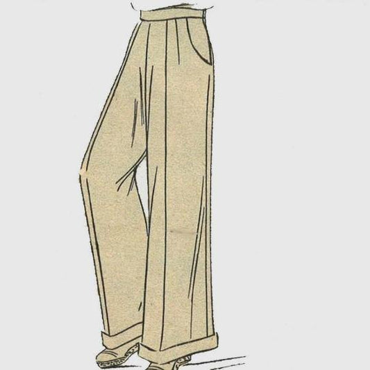 Hand drawn image of women's slacks with wide legs and turnups, front pockets and waistband