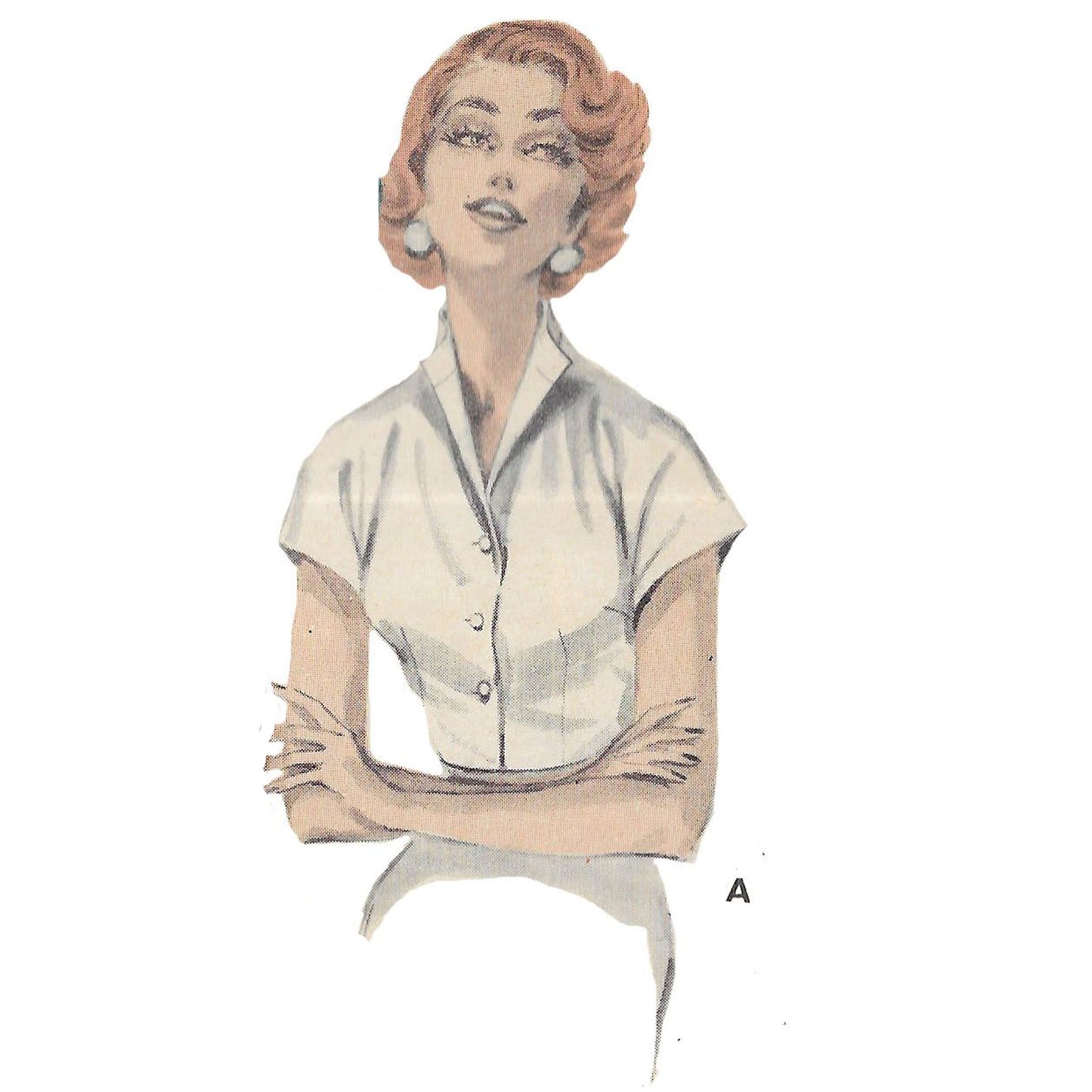 Model wearing 1950s buttoned front blouse: neckline variations made from pattern