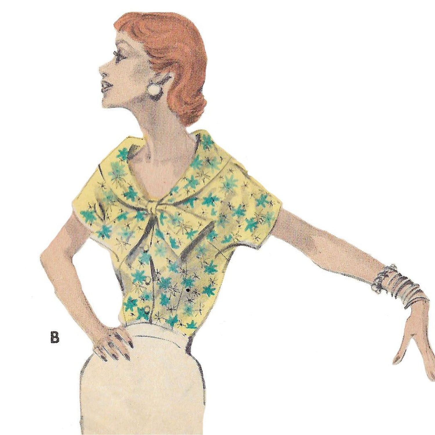 Model wearing 1950s buttoned front blouse: neckline variations made from pattern