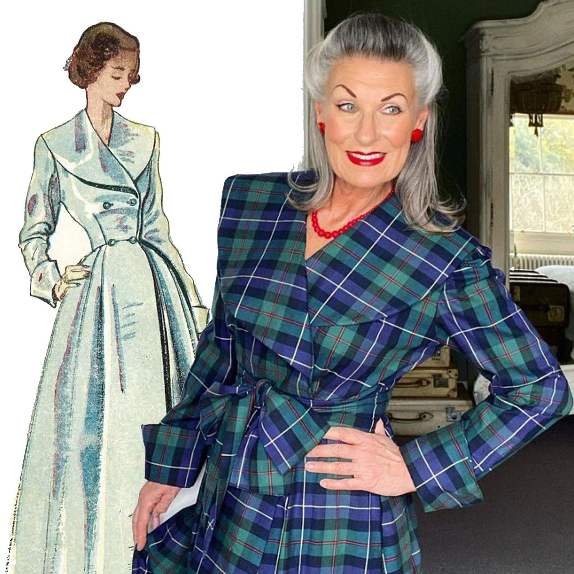 Biddy housecoat made and modelled alongside original illustration