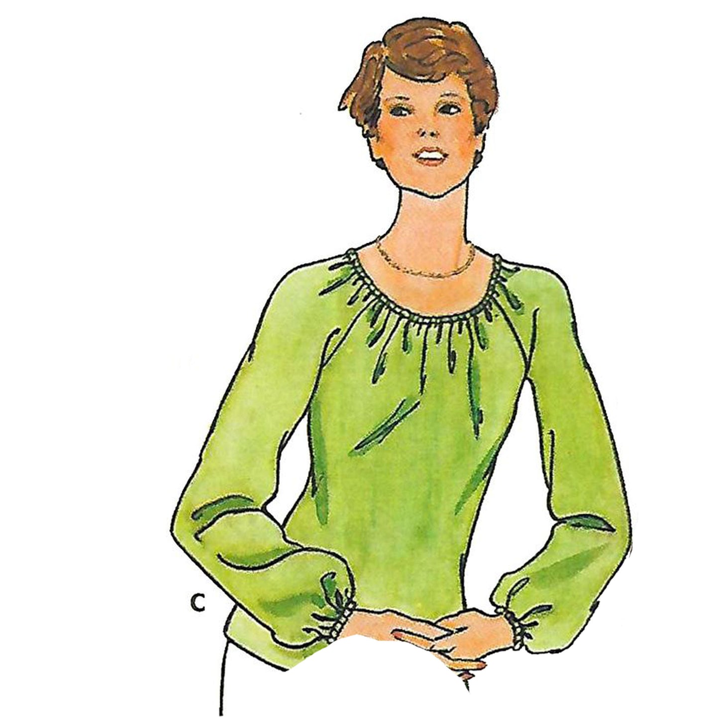 Model wearing 1970s top made from Butterick 5975 pattern