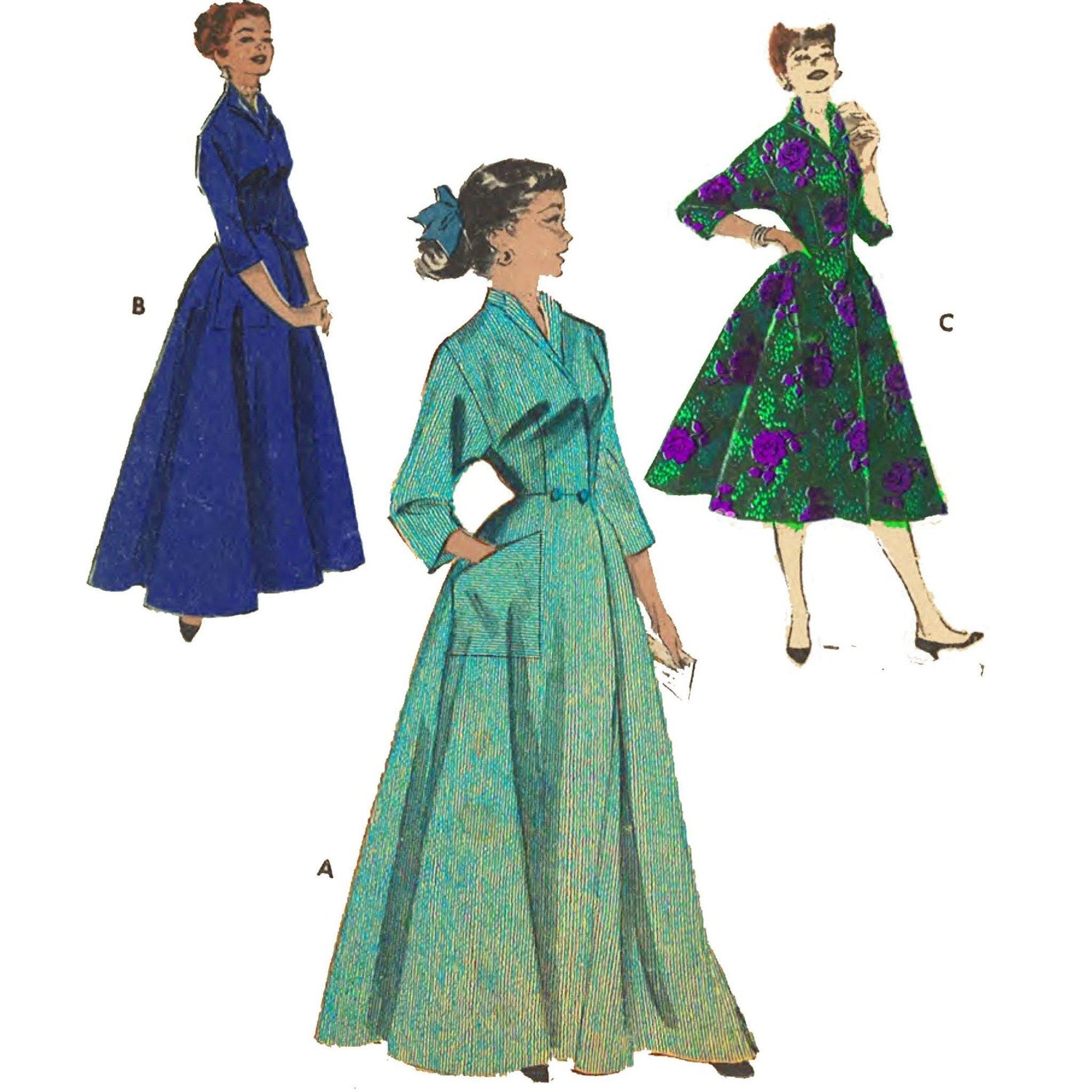 Three women wearing 'Coachman Robe'. Views A and B feature a floor length robe, and View C features a robe that finished just below the knee.