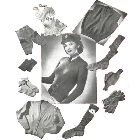 Vintage-style illustration of a woman in uniform with clothing items around her on a textured beige background.