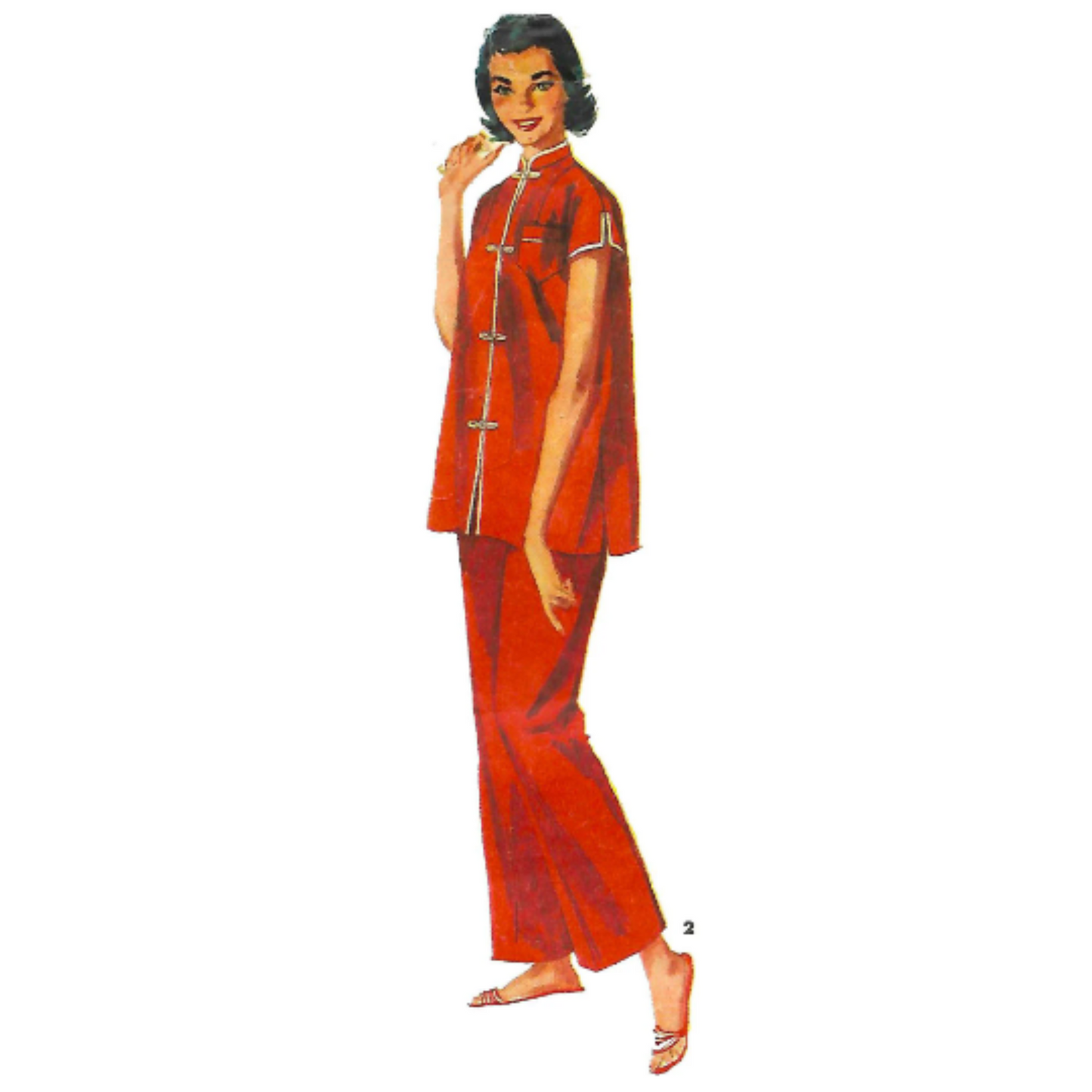 Model wearing 1950s two-piece pajama with short and long pants and sleep coat made from Simplicity 4971 pattern