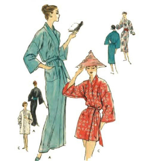 Women wearing 1950s Sewing Pattern: Oriental Wraparound Bathrobe, Dressing Gown, Kimono -
