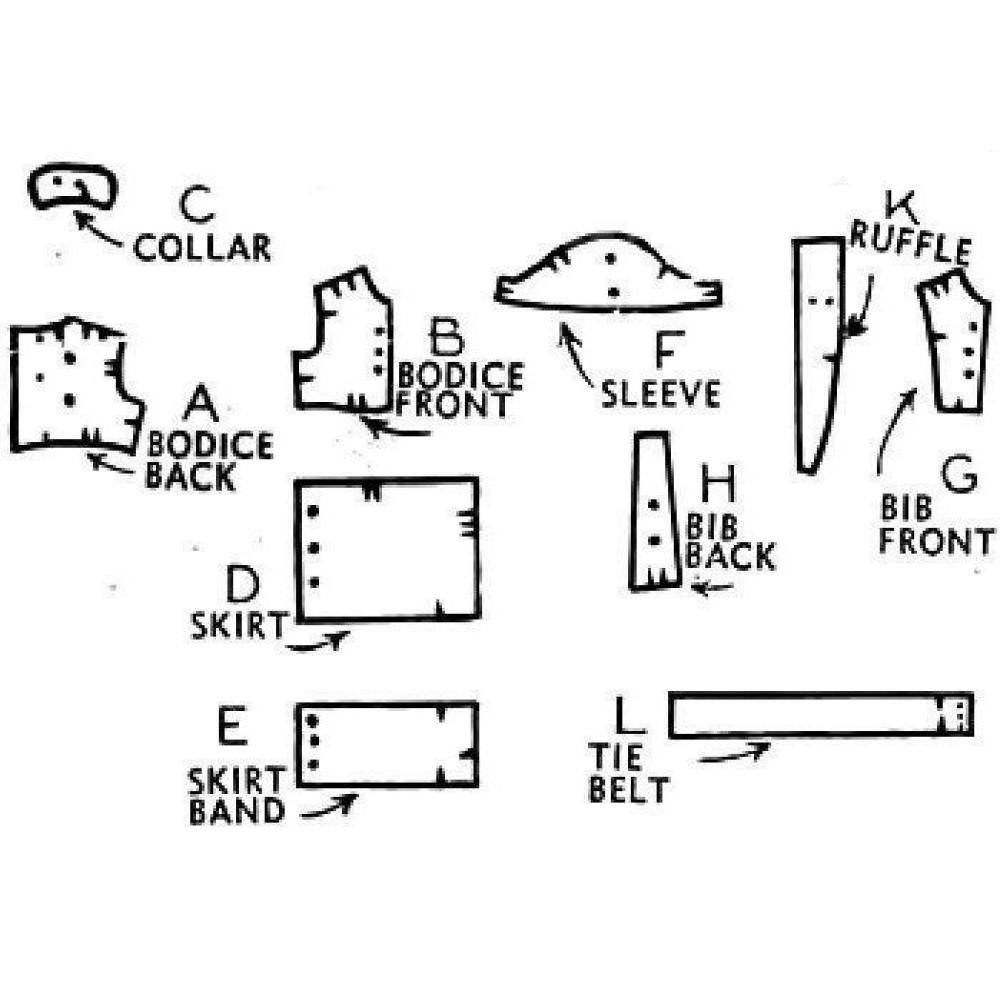 Line drawing of all pattern pieces included in "1940s Sewing Pattern, Child's Dress and Bib Set"