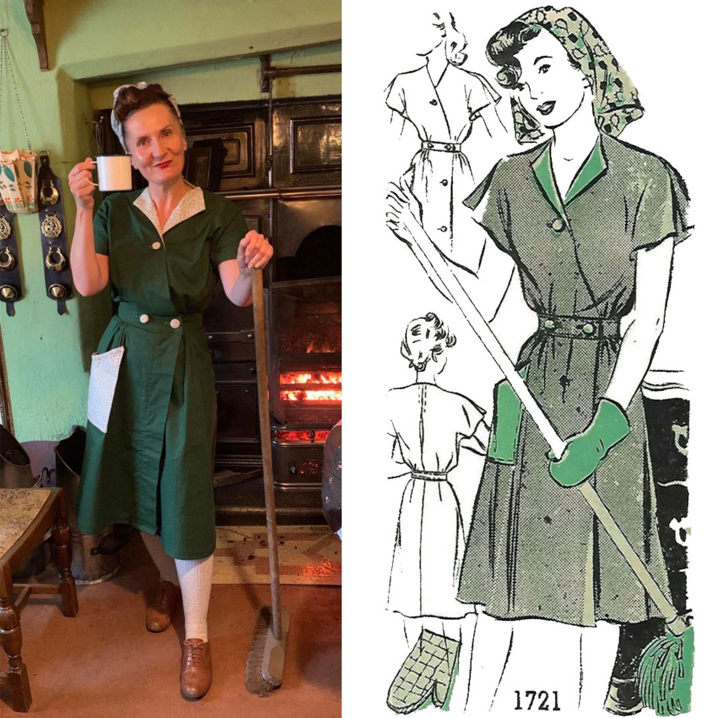Model in head scarf, sweeping floor in front of a black leaded oven having a cup of tea wearing a green overall dress made from Marian Martin  1721 sewing pattern