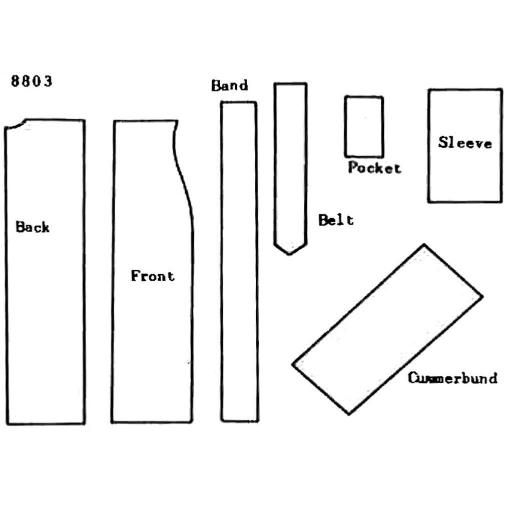 Line drawing of all pattern pieces included in "1950s Pattern, Wraparound Kimono Style Dressing Gown"
