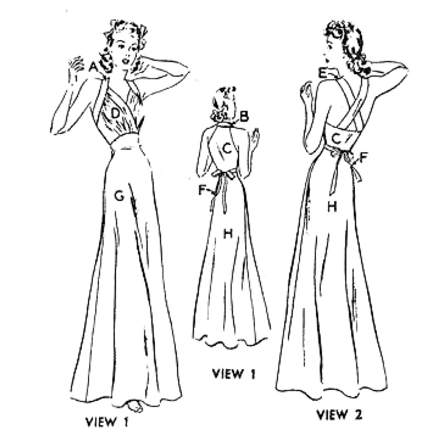 1930s Pattern, Night Gown, Lingerie, Pinup - black and white lined drawing