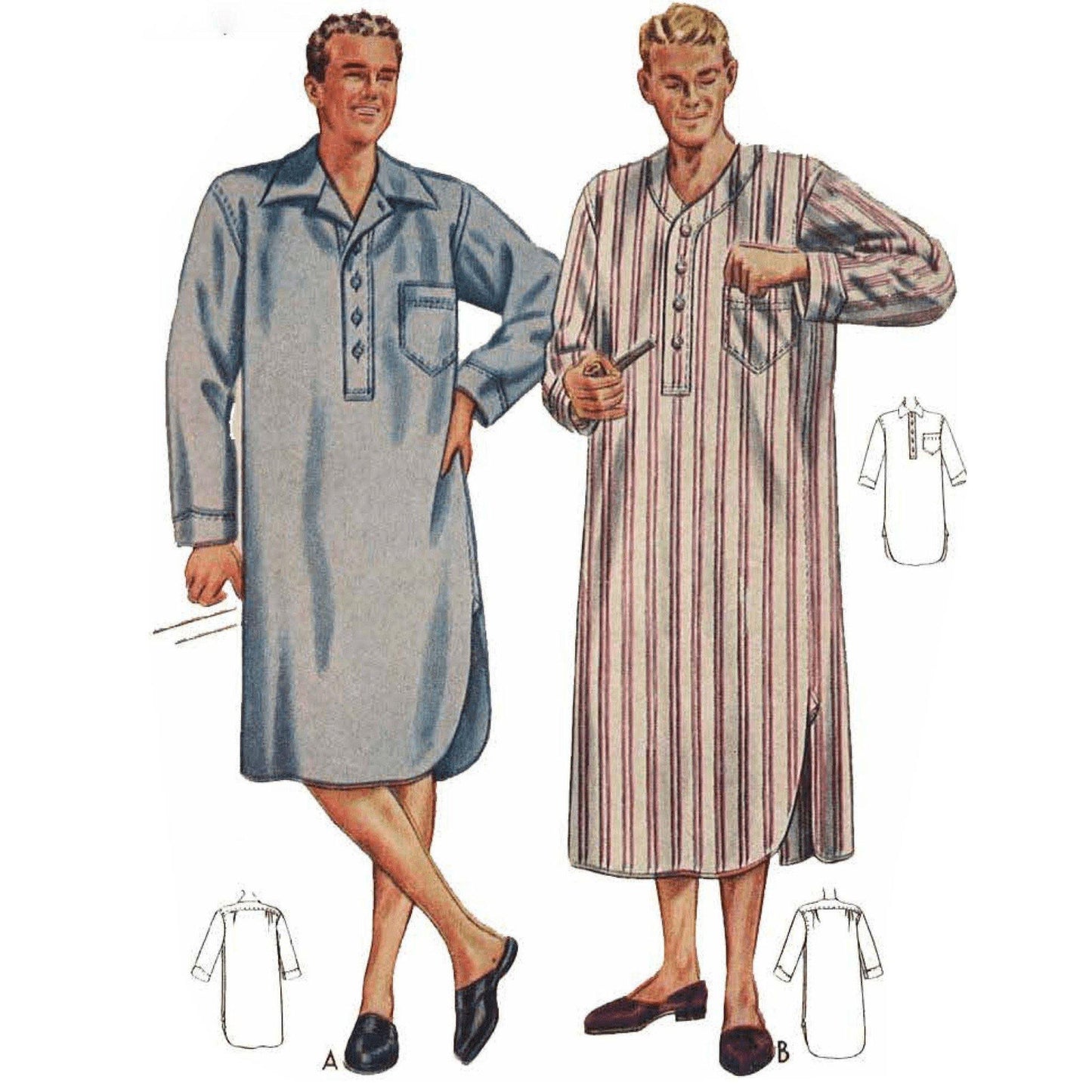 men wearing 3/4 and long length nightshirts made from Sewing pattern McCall's 4473. One man in shorter nightshirt in blue has a hand on his hip, the other man has blonde hair, a red and white striped longer length nightshirt  is holding a pipe.
