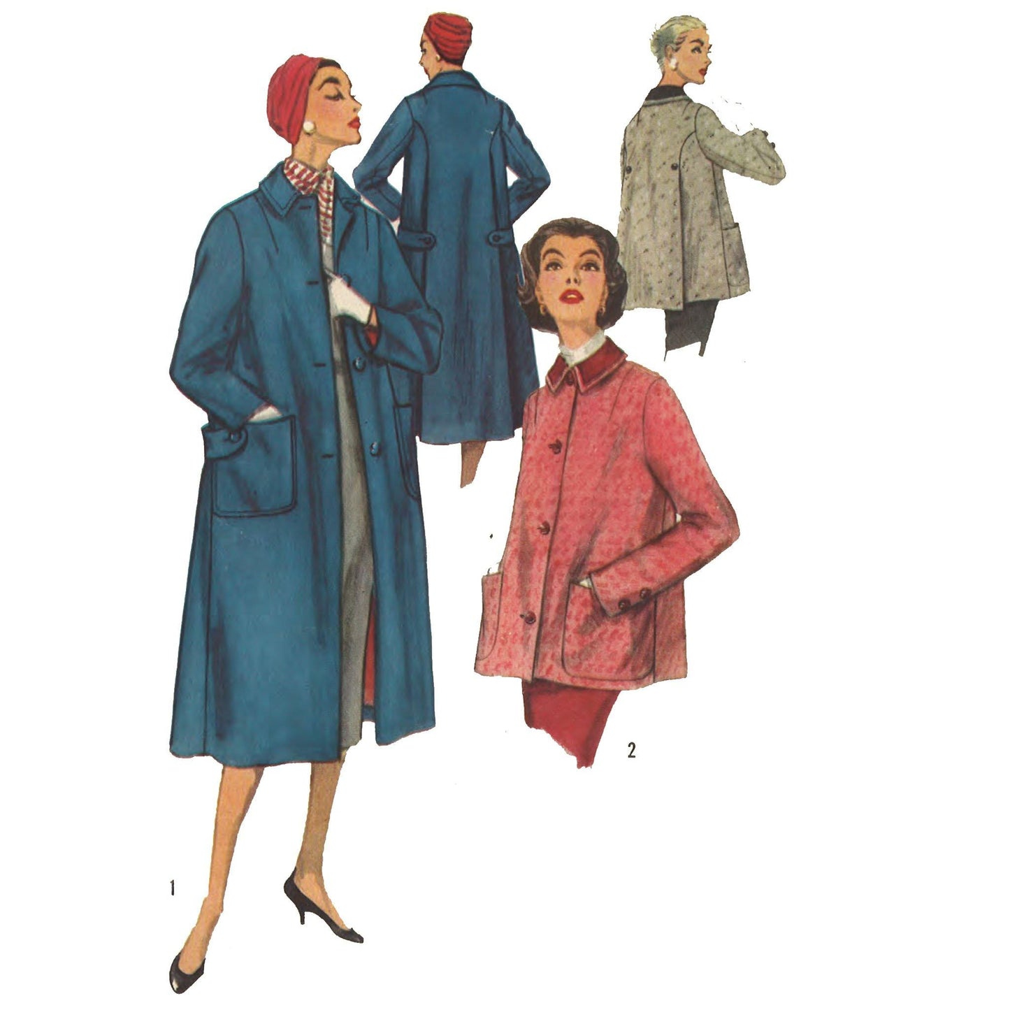 Women wearing a coat and a jacket, front and back views.