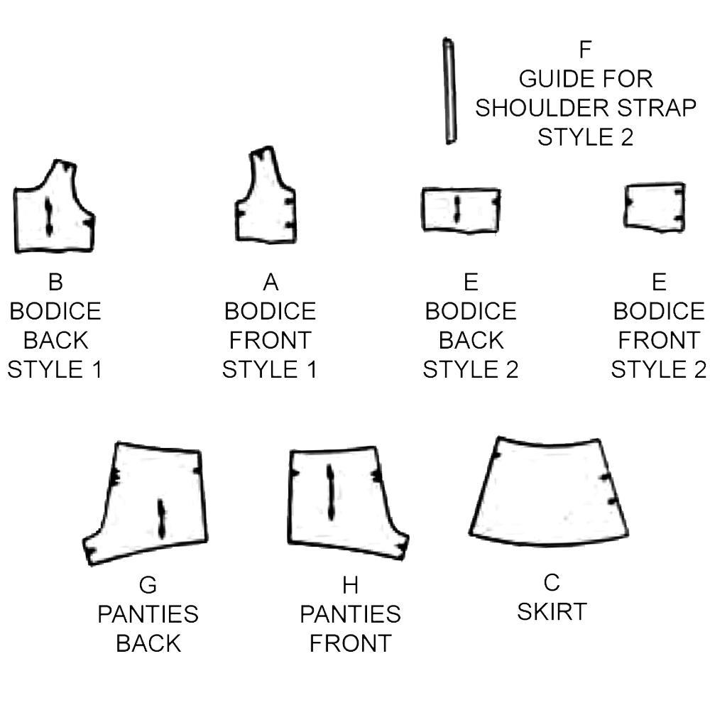 Line drawing of all pattern pieces included in "1950s Pattern, Child's Circle Slip, Ruffled Petticoat and Panties"