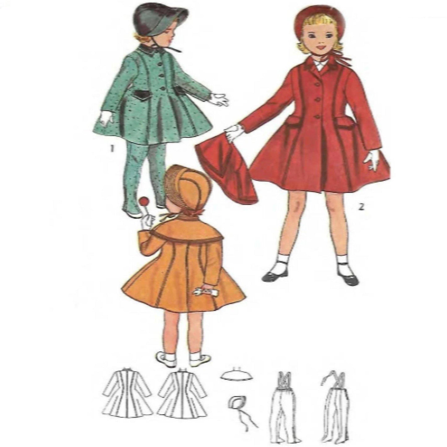 Little girl's coat with fitted bodice and princess seams. Notched collar that can button hu to neck and pockets with pointed flaps. The coat has a 4 buttn closing. A detachable cape and pretty bonnet with brim which ties under the chin in a bow. Leggins with braises that cross over at the back.