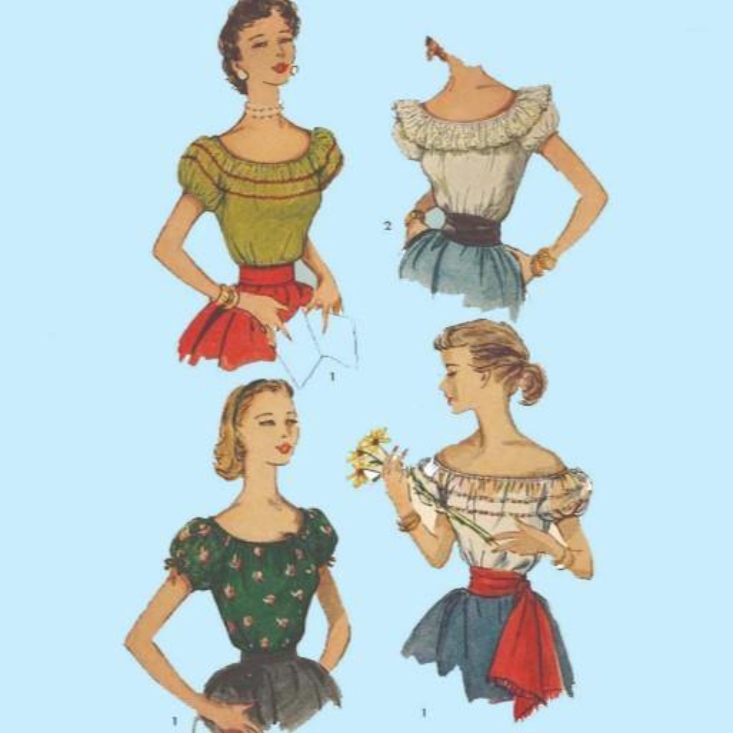 Four woman with four styles of gypsy peasant top blouses.