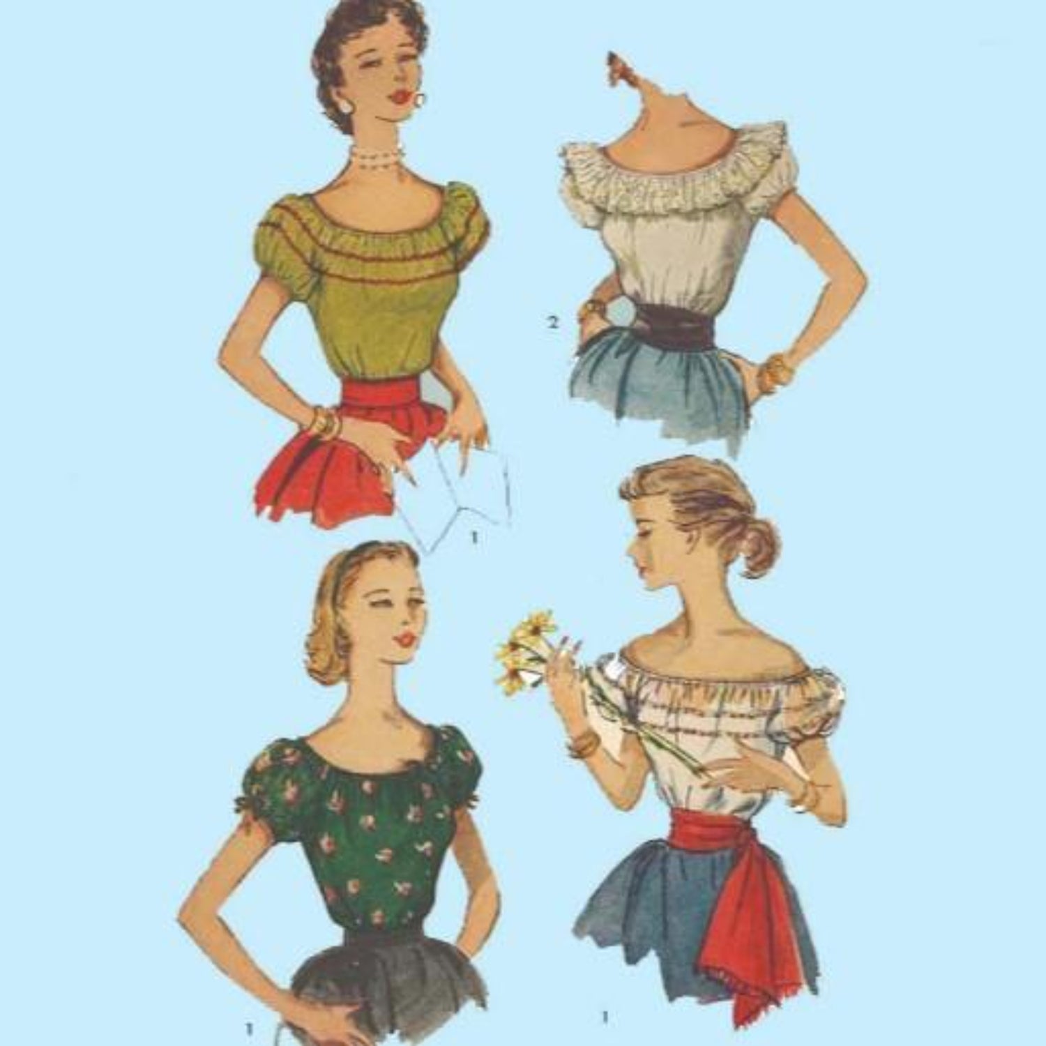 Front of sewing pattern showing 4 styles of gypesy top blouses.