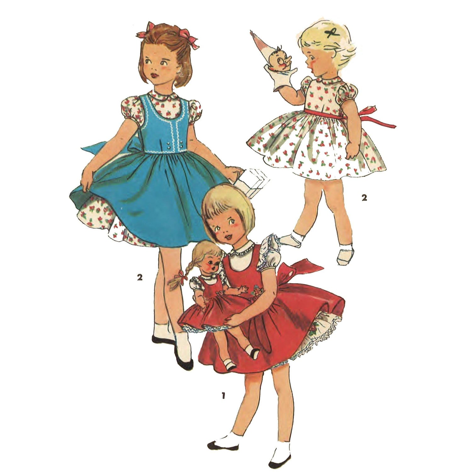 3 little girls in party dress with doll in matching dress