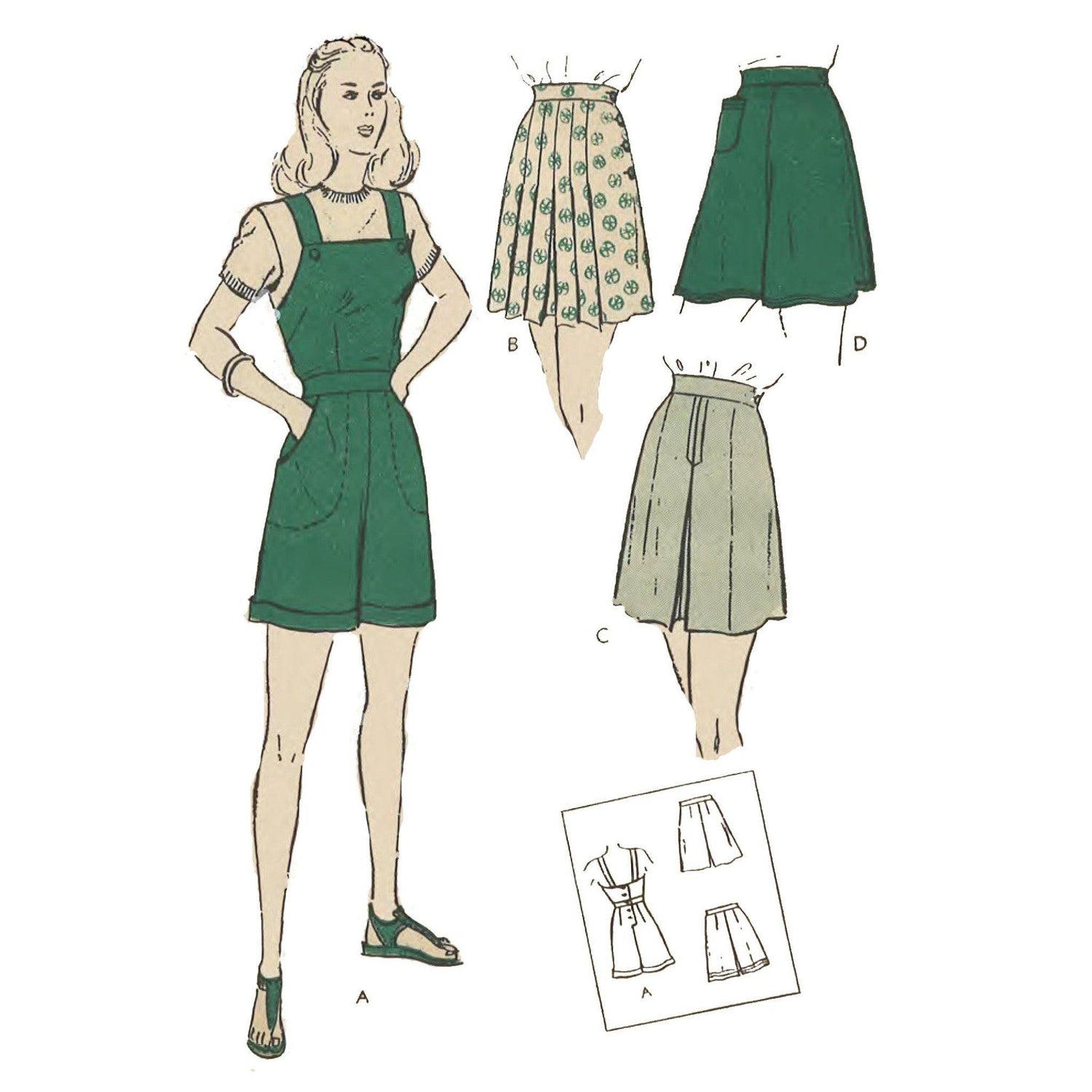 Vintage sewing pattern illustration of differnt views of shorts