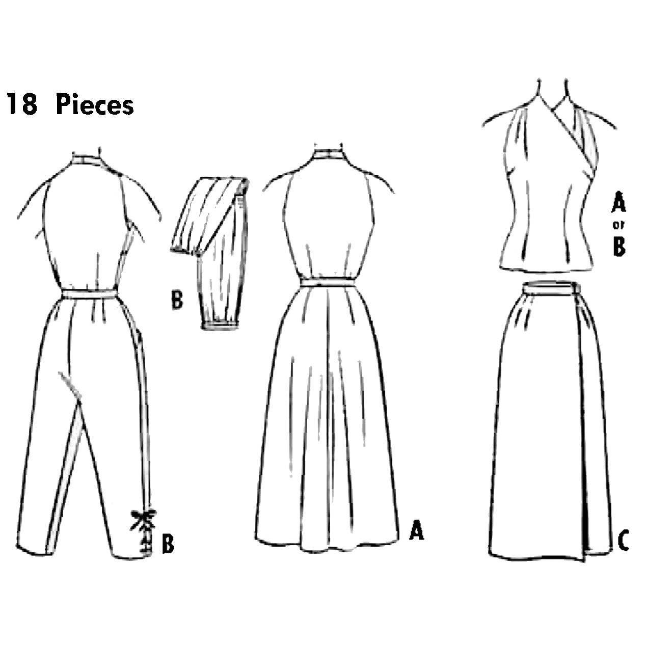 1950s Pattern, Halter Top, Wrap Skirt, Cropped Slacks, Pants - outlined drawings