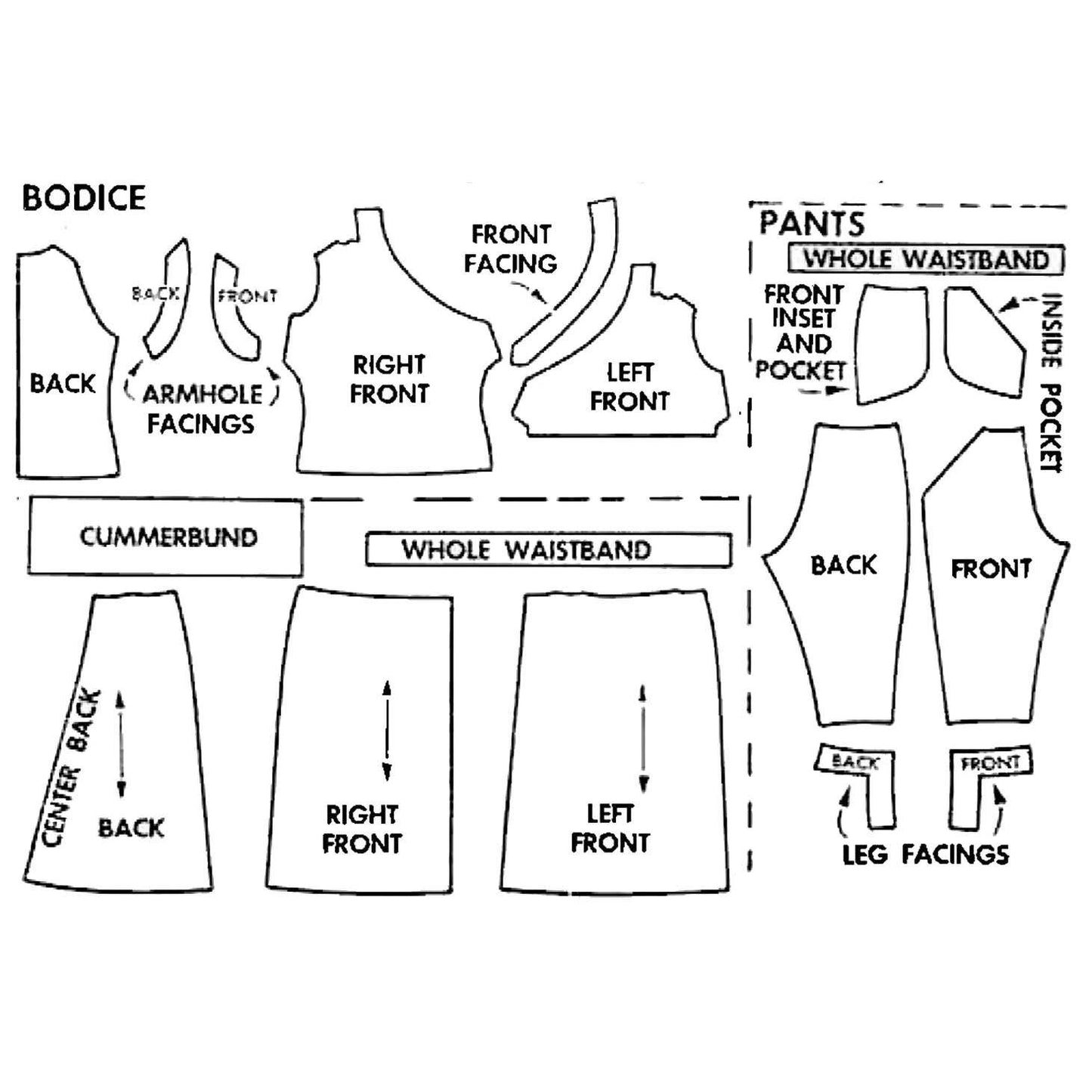 1950s Pattern, Halter Top, Wrap Skirt, Cropped Slacks, Pants - pattern pieces