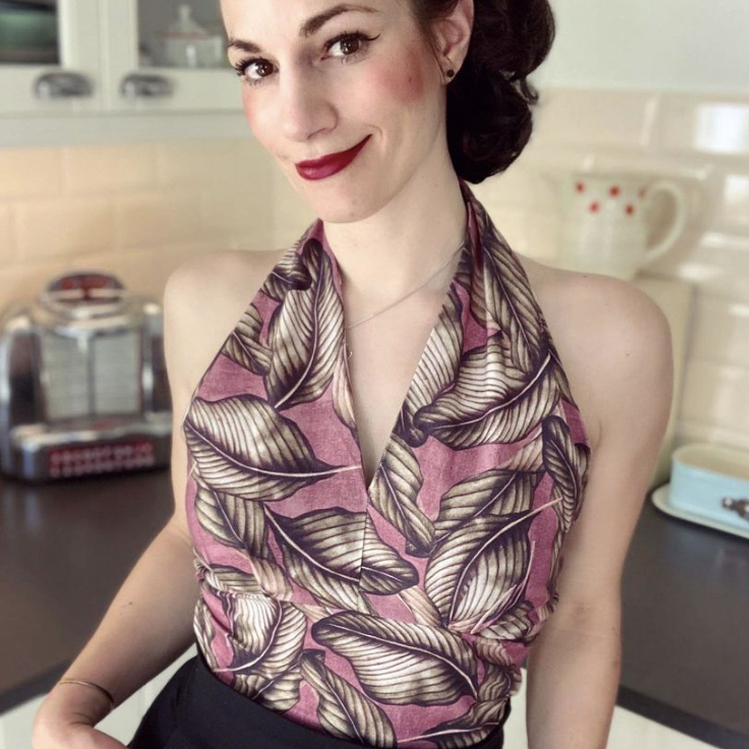 Model wearing 1950s halter-neck blouse made from Butterick 6136 pattern